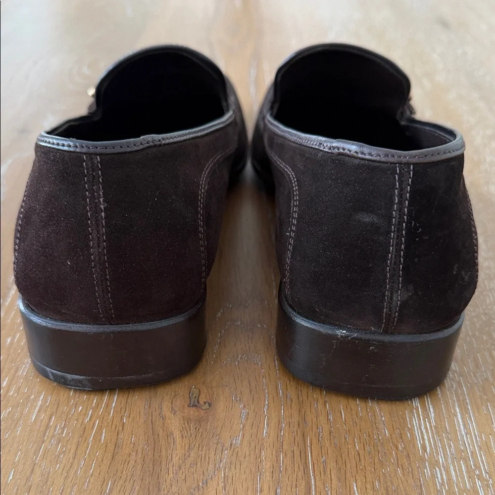 Ferragamo Men's Brown Suede Slip-On Loafers with Gold Buckle